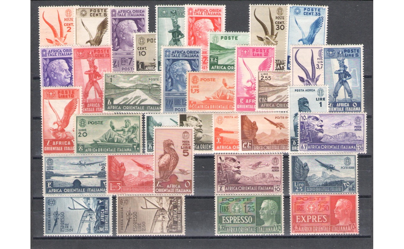 1938 AFRICA ORIENTALE ITALIANA, Soggetti vari , 35 valori ,  MNH ** ,  GOMMA INTEGRA ORIGINALE