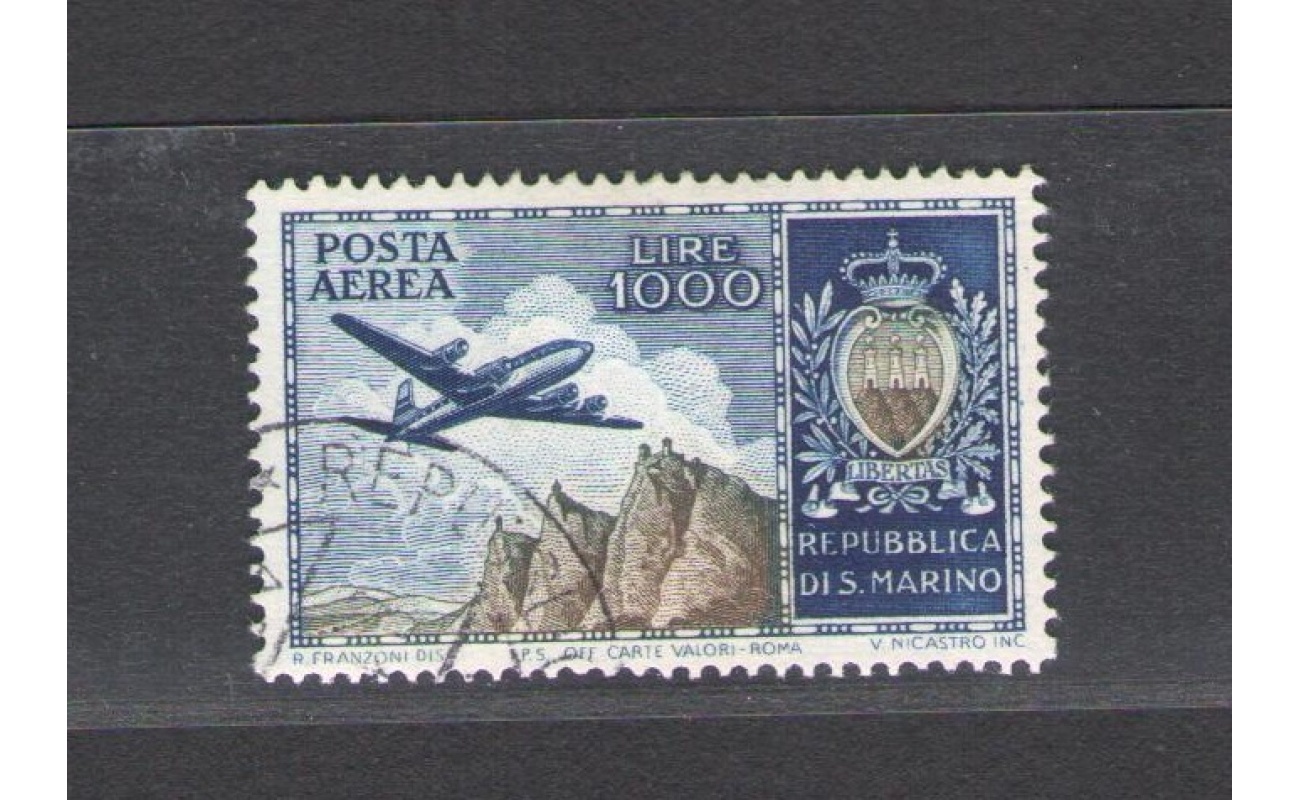 1954 SAN MARINO, Posta Aerea, n° 112 , Aereo Veduta e Stemma, 1.000 Lire azzurro e oliva  USATO