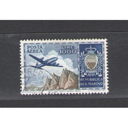 1954 SAN MARINO, Posta Aerea, n° 112 , Aereo Veduta e Stemma, 1.000 Lire azzurro e oliva  USATO