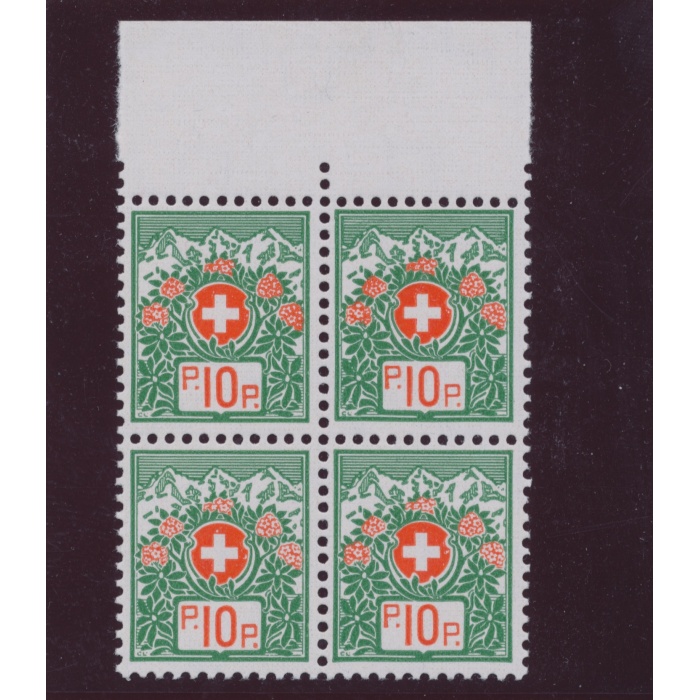 1927-29 SVIZZERA - Franchigia , 10 cent verde e rosso, n° 11a carta goffrata  MNH** (Proviene da Quartina)