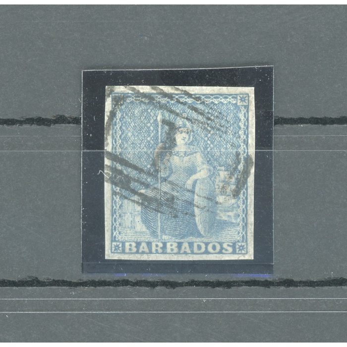 1852-55 BARBADOS, n. 3  (1d.) blu USED PAPER BLUED