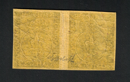 1852 PARMA 5 Cent giallo # 1a Coppia con interspazio di gruppo, MNH**