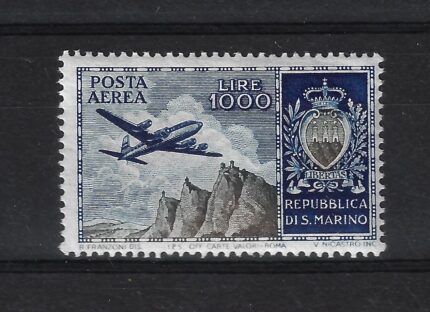 1954 San Marino, Posta Aerea # 112, 1000 Lire azzurro e oliva, MNH**