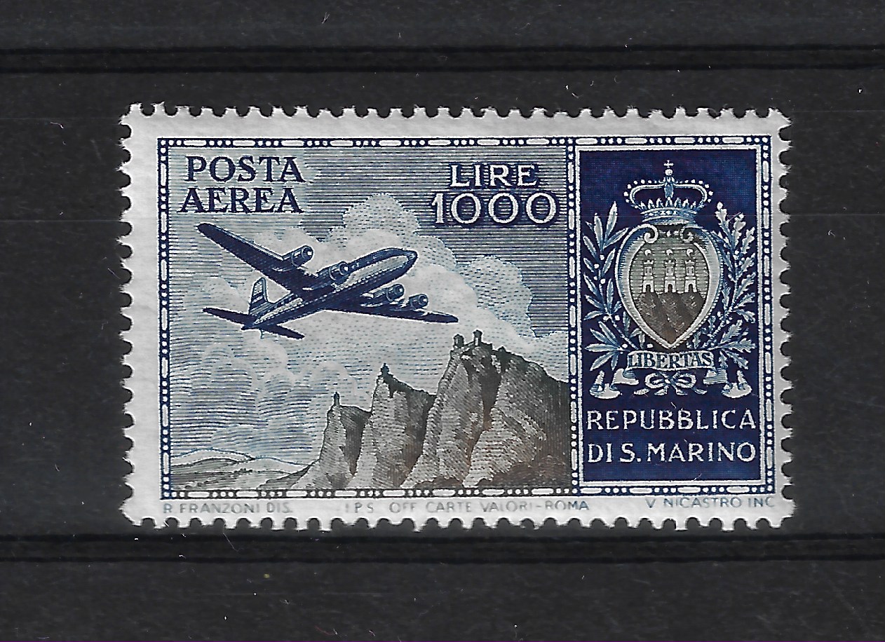 112 1 1954 San Marino, Posta Aerea # 112, 1000 Lire azzurro e oliva, MNH** - immagine 1