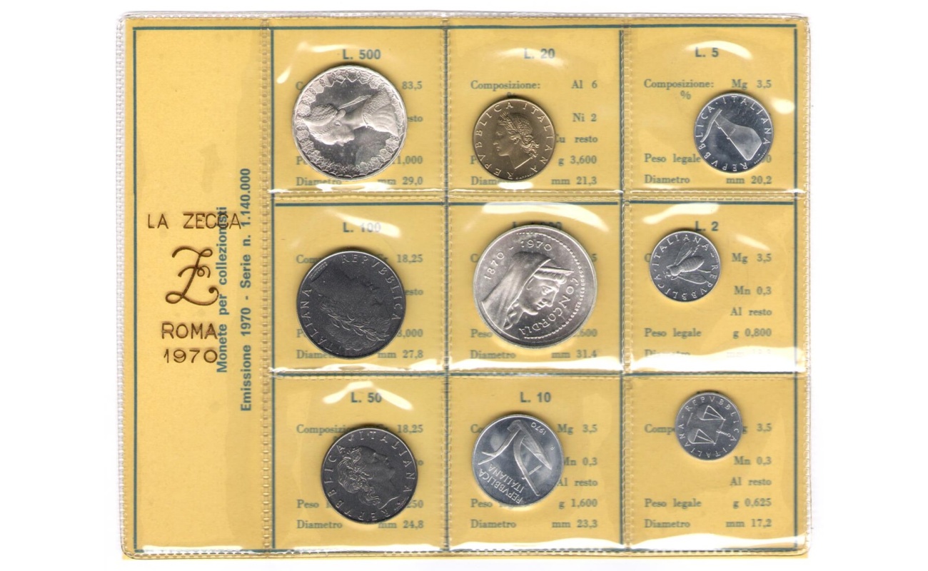 1970 Italia - Repubblica , Monetazione divisionale, Annata completa in confezione originale della Zecca FDC