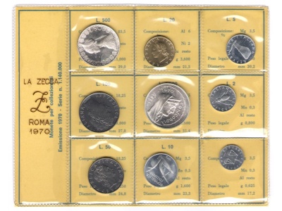 1970 Italia - Repubblica , Monetazione divisionale, Annata completa in confezione originale della Zecca FDC