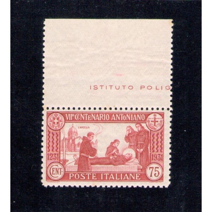 1931 Regno , Italia , n° 299Sant'Antonio 75 cent carminio  , dentellato 12 , MNH** Centrato Bordo Superiore !!!!