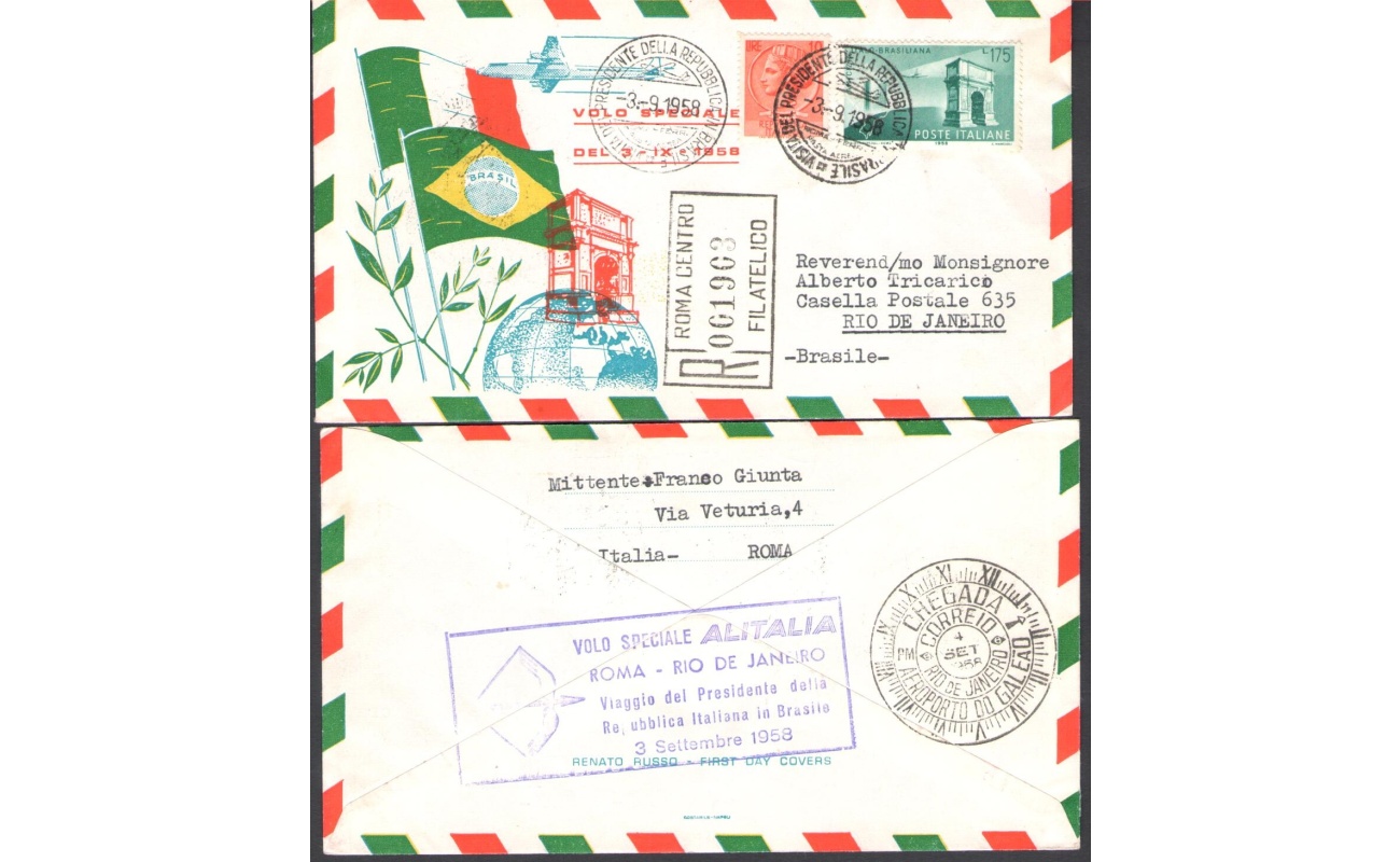 1958 REPUBBLICA, n 837+ 10 Lire Siracusa,Amicizia italo-brasiliana Volo speciale