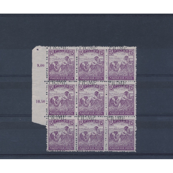 1918 Fiume, n° 9f , 15f. violetto , Mietitore e Veduta , Soprastampa Fortemente spostata in alto , MNH**