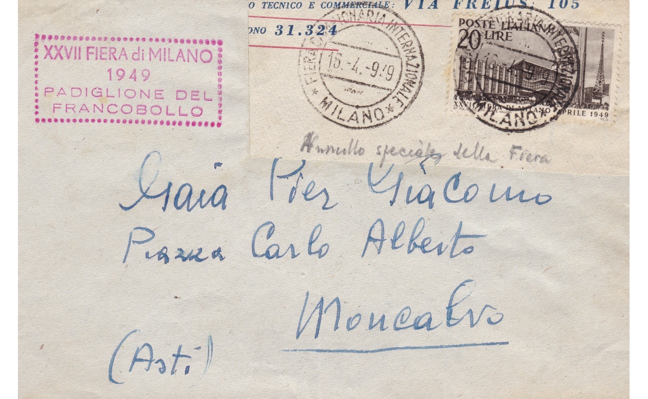 1949 Fiera di Milano, n. 598 su lettera con annulli speciali