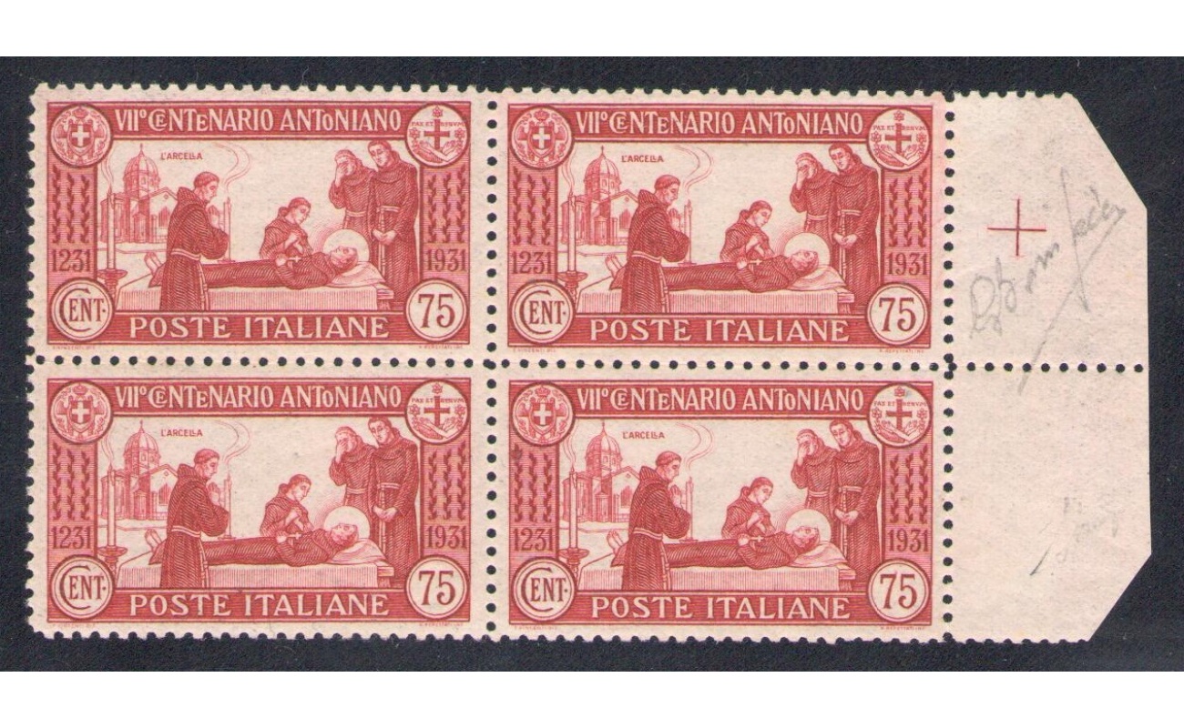 1931 Italia - Regno, Sant'Antonio dentellato 12 ,n. 299  MNH**, Blocco di Quattro - Bordo di Foglio - Centrata