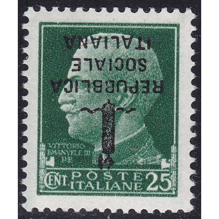 1944 RSI, n° 491a 25 cent. verde MNH/** SOVRASTAMPA CAPOVOLTA