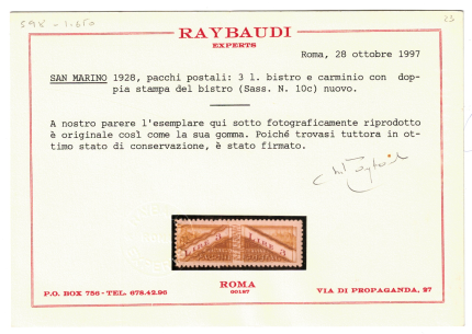 1928 SAN MARINO, Pacchi Postali, # 10c , 3 Lire bistro e carminio, MH*