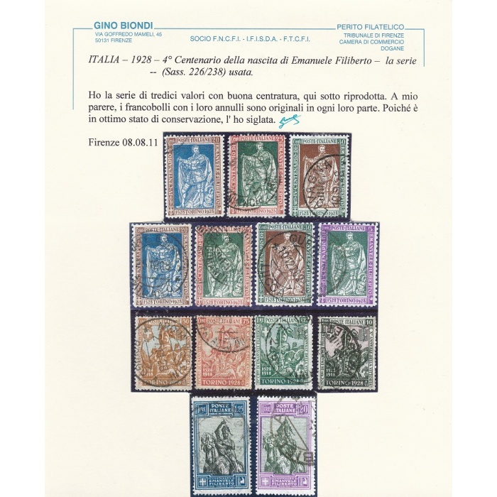 1928 Regno di Italia, n. 226/238, Emanuele Filiberto , la serie usata di 13 valori , Certificato Biondi