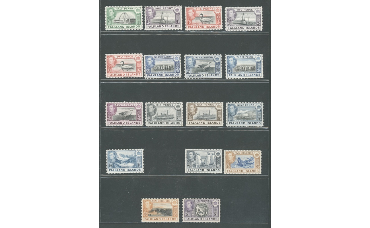 1938-50 FALKLAND ISLANDS - SG 146/163 Giorgio VI° vedute e animali,  17 valori , MLH* (no 34a)