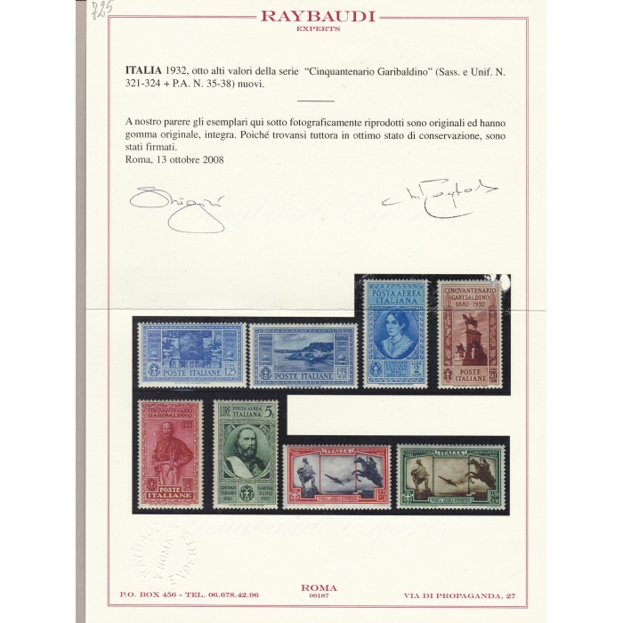 1932 REGNO DI ITALIA - Garibaldi n° 315/324+PA 32/38 serie di 17 valori  MNH** Certificato Raybaudi