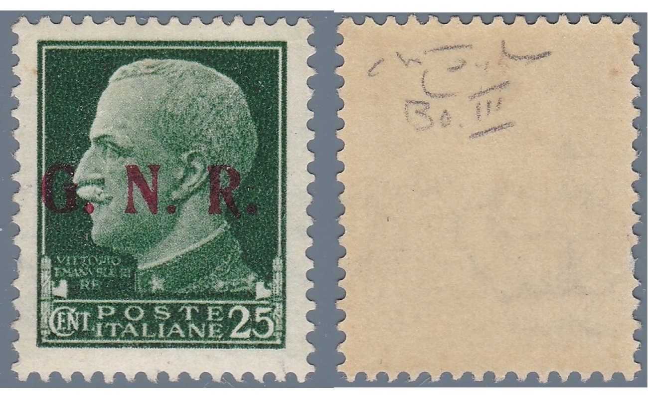 1943 Repubblica Sociale Italiana, n° 474/III 25 c. verde Brescia III° tipo Certificato Raybaudi ORO