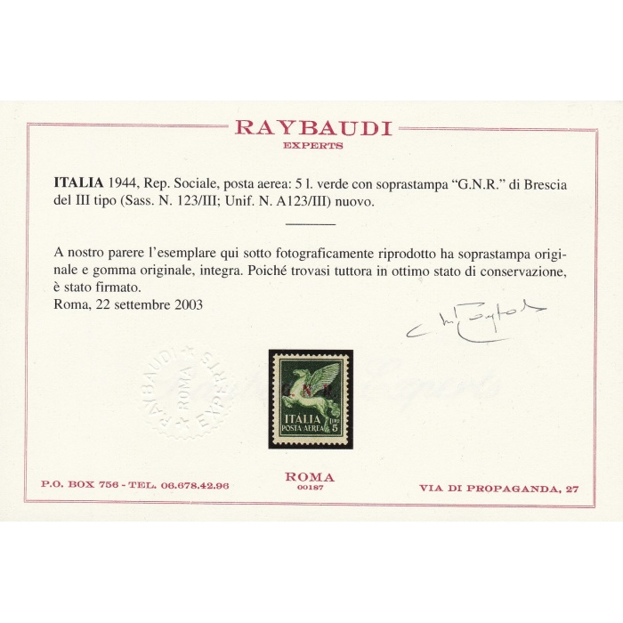 1943 Repubblica Sociale Italiana, GNR Posta Aerea n° 123/III Brescia GOMMA INTEGRA Certificato Raybaudi