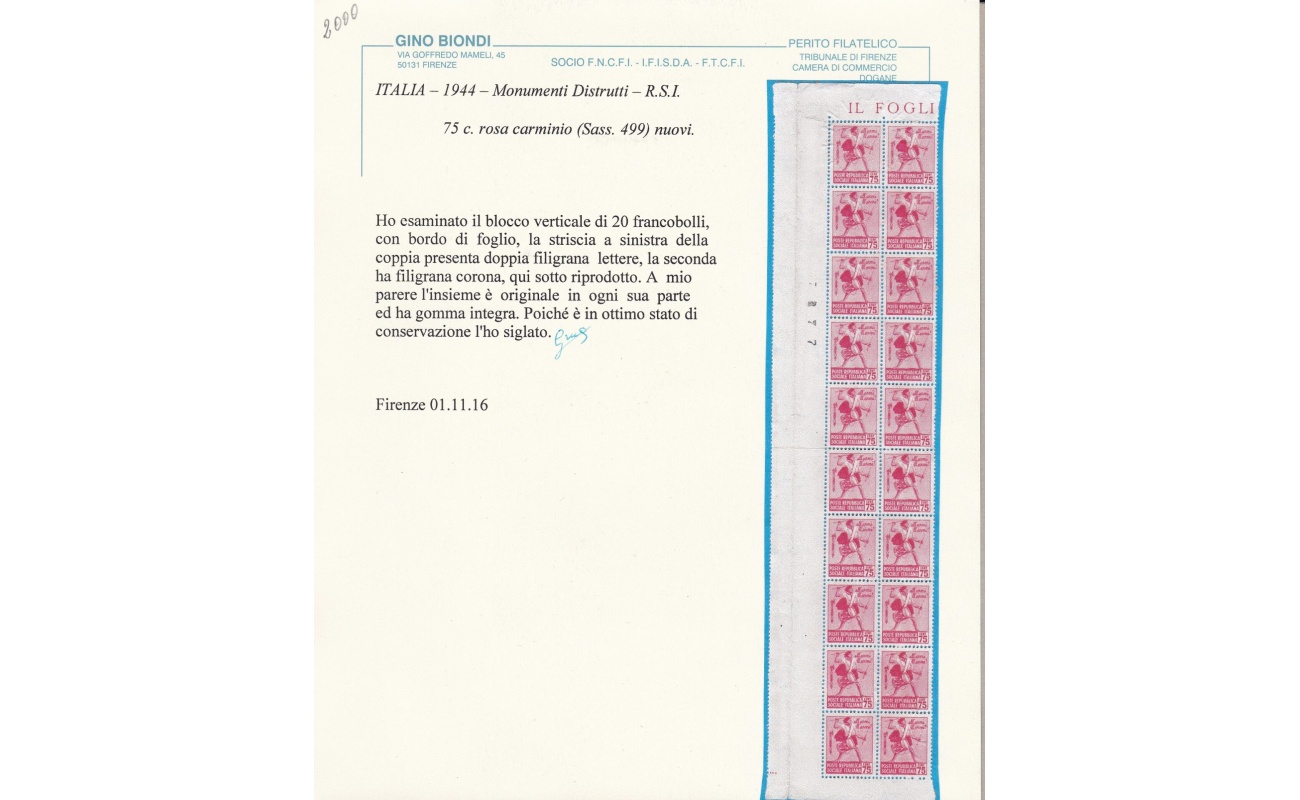 1944 Repubblica Sociale Italiana, n° 499 Blocco con doppia filigrana lettere Certificato Biondi