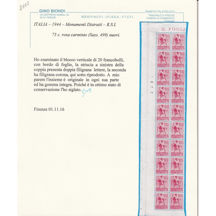 1944 Repubblica Sociale Italiana, n° 499 Blocco con doppia filigrana lettere Certificato Biondi