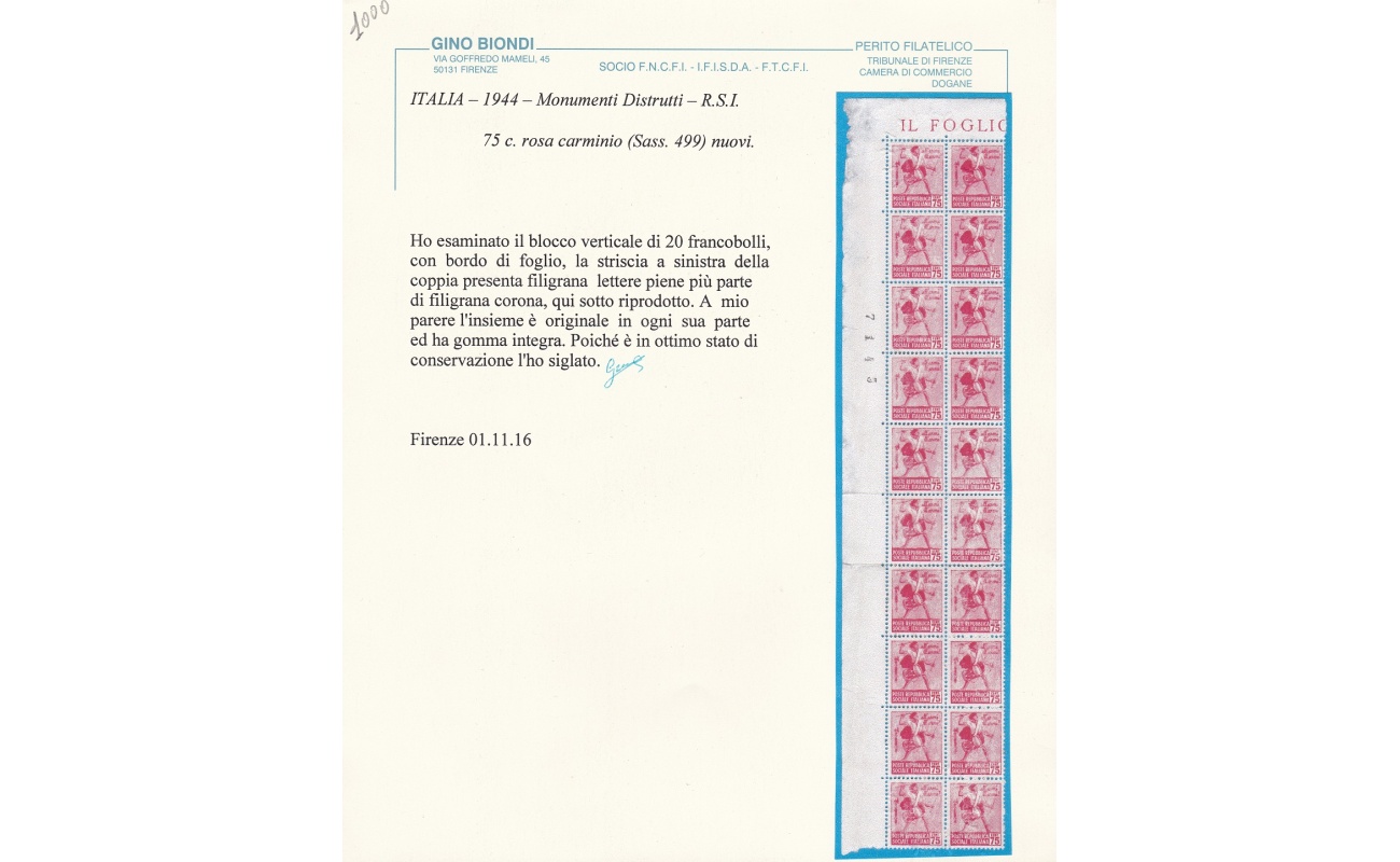 1944 Repubblica Sociale Italiana, n° 499 Blocco con filigrana lettere Certificato Biondi