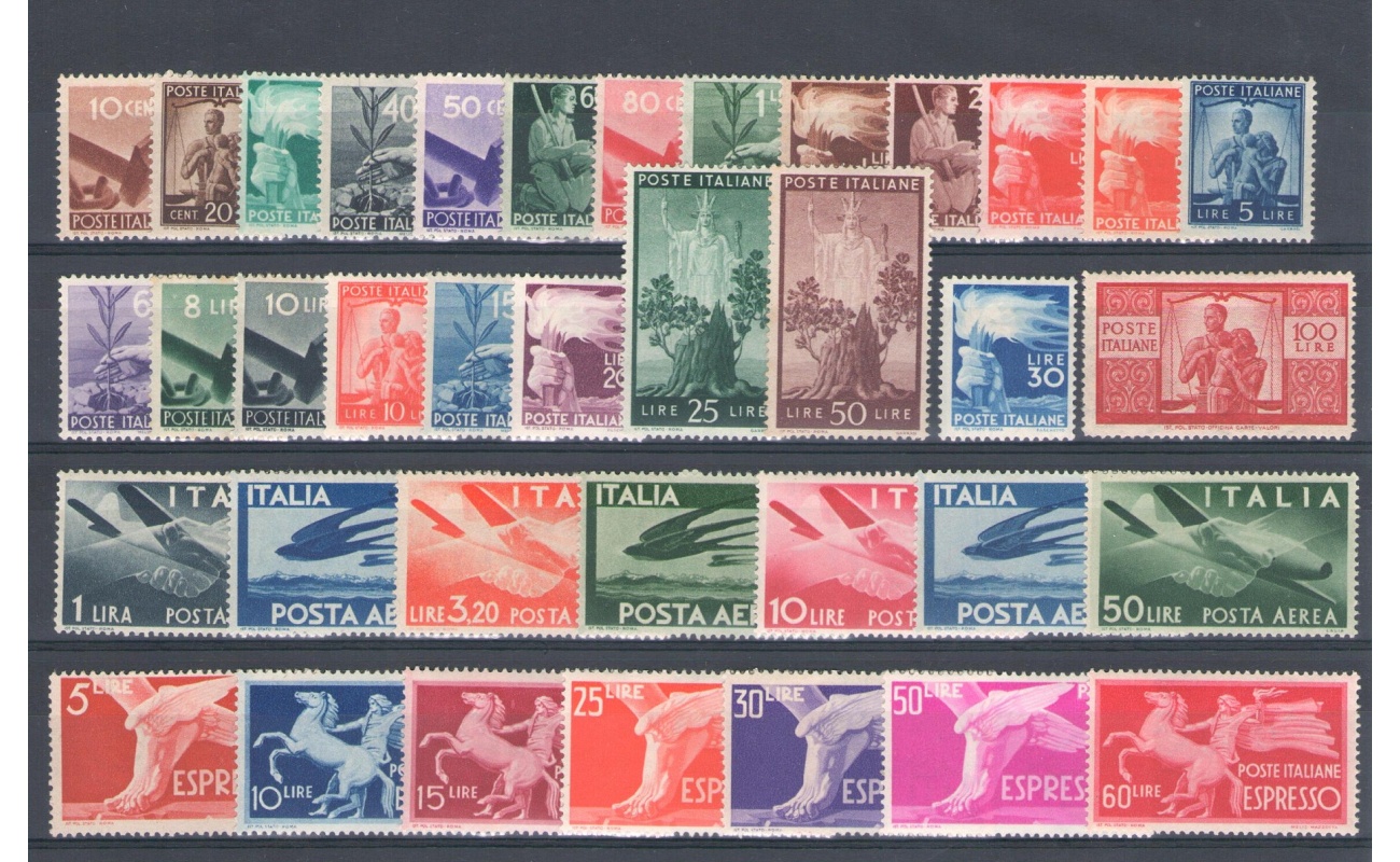 1945 Italia Repubblica,  , francobolli nuovi , Annata Completa 37 valori , MNH** - Certificato di Garanzia Filatelia De Simoni