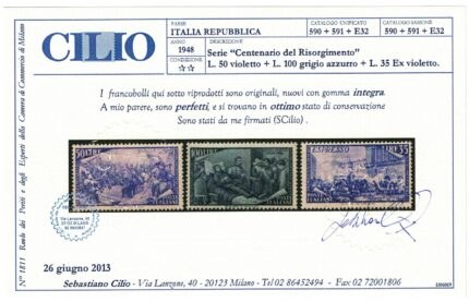 1948 Italia, # 580/591 + E32 Risorgimento 13 valori MNH** Certificato CILIO