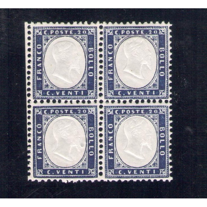 1862 Regno d'Italia, n° 2 - 20 cent indaco , quartina centrata con bordo di foglio , MNH**