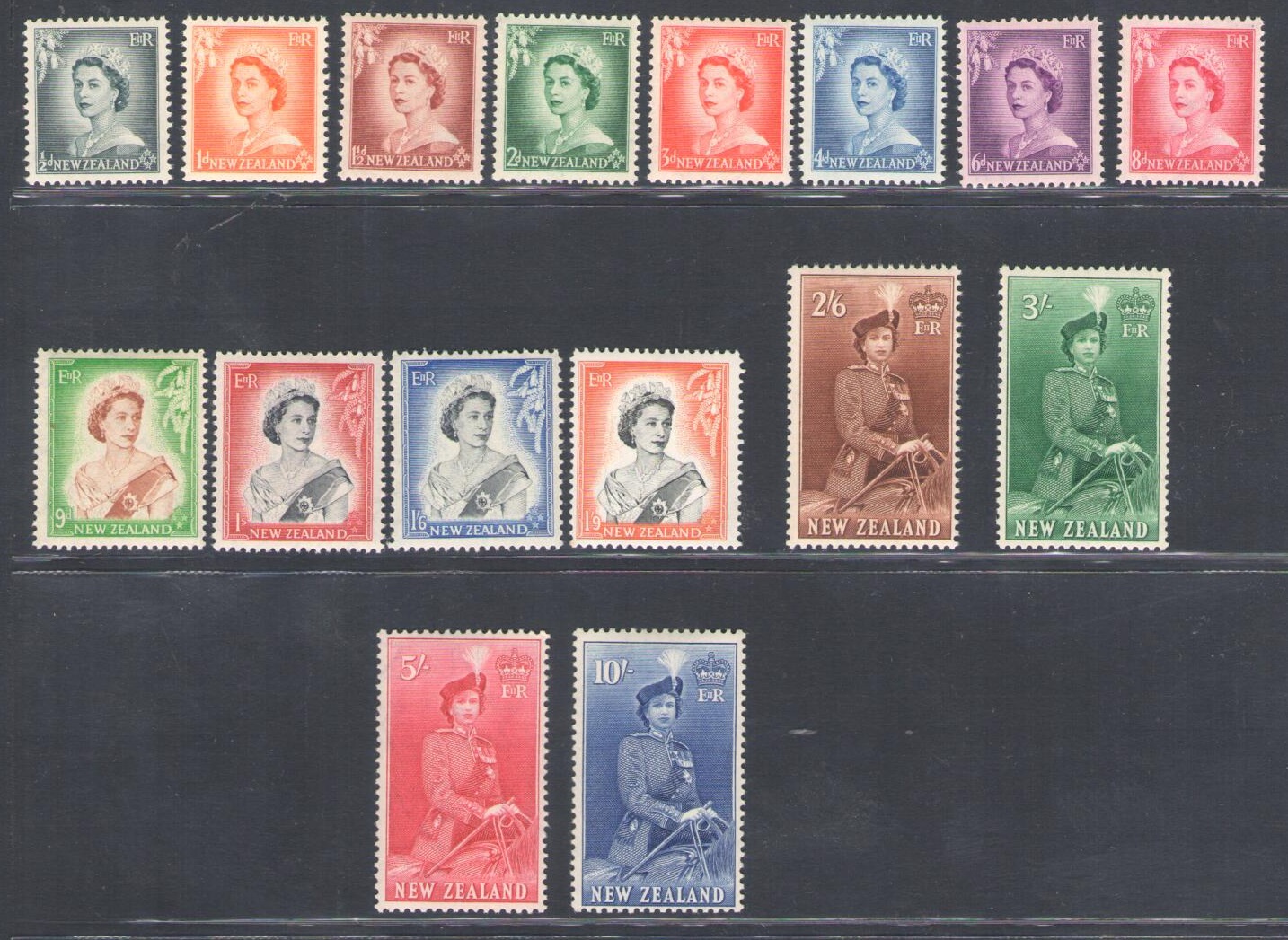1953-59 New Zealand, SG # 723-736, Elisabetta II a Cavallo,16 valori - MNH**
