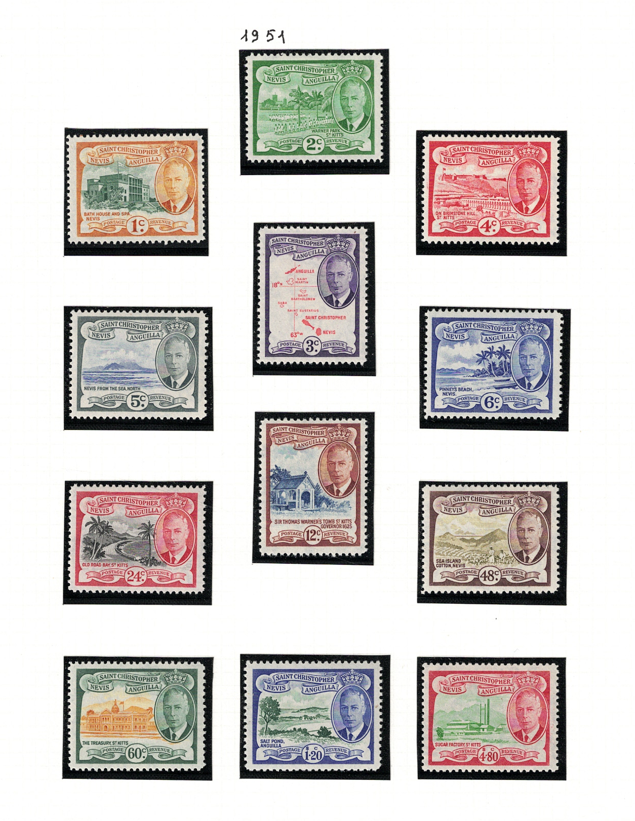 94-105 1952 ST. KITTS NEVIS - Giorgio VI, Stanley Gibbons n. 94-105 - MNH** - immagine 1