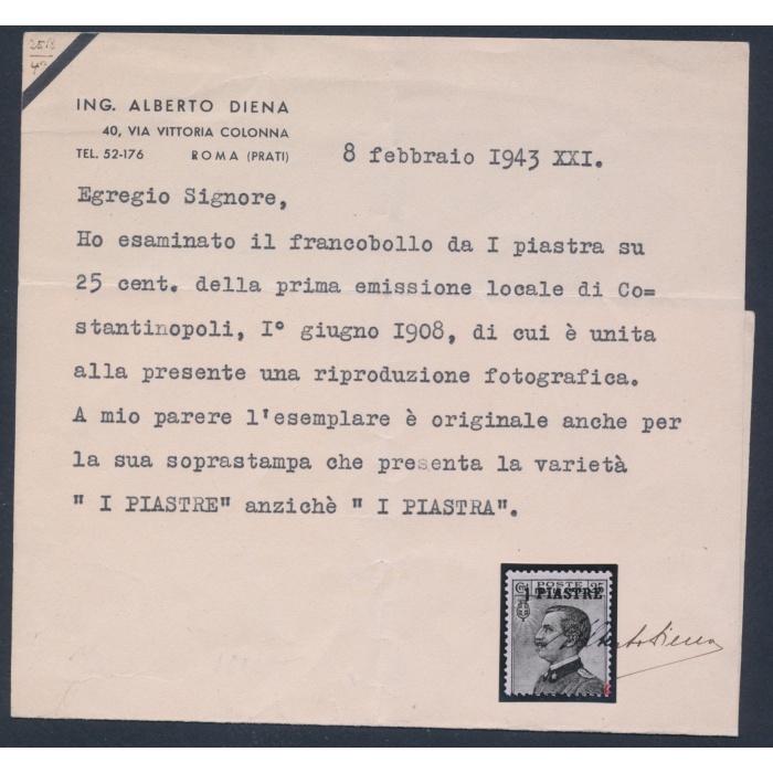 1908 Levante , Costantinopoli , 1 piastre su 25 azzurro , invece di 1 piastra, Varietà n° 4d , MNH** - Certificato Raybaudi/Diena