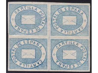 1869 SPAGNA ,ESPANA ,SPAIN,  Franchigia n° 1 azzurro QUARTINA CON 2 Tete-beche  MLH/*