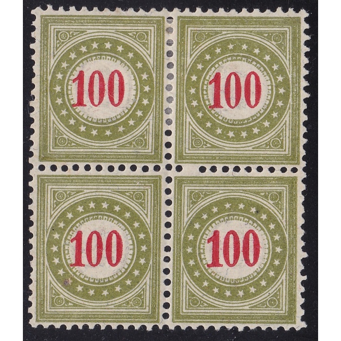 1894-96 Svizzera , Tasse Catalogo Zumstein n. 21E - 100 verde-oliva QUARTINA */** Certificato SBPV