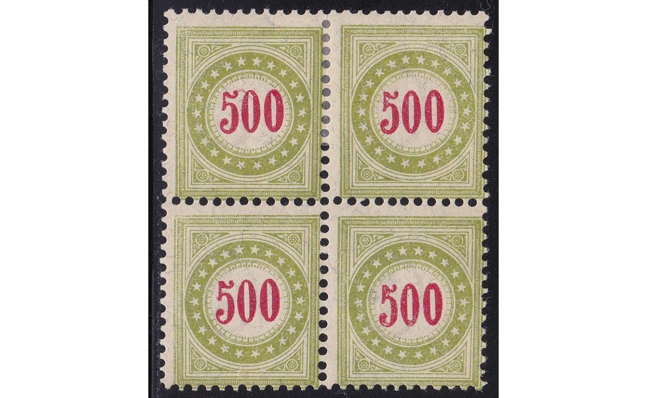 1894-96 Svizzera , Tasse Catalogo Zumstein n. 21E - 100 verde-oliva QUARTINA */** Certificato SBPV