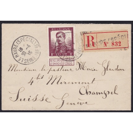 1912 BELGIO ,  n. 122 ,  5 Fr. bruno-carminio su lettera da Le Havre per Ginevra LUSSO