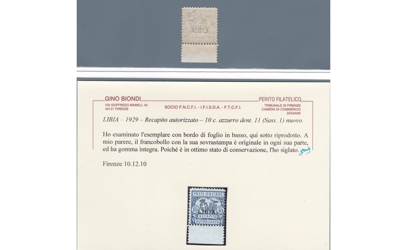 1929 LIBIA, Recapito Autorizzato n° 1 Dentellato 11 MNH/** Certificato Biondi