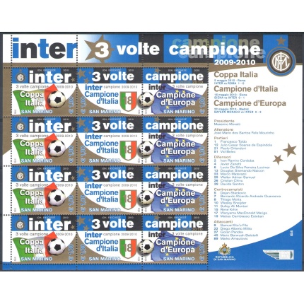 2010 San Marino ,Inter 3 Volte Campione,  Minifoglio di 4 Trittici MNH**
