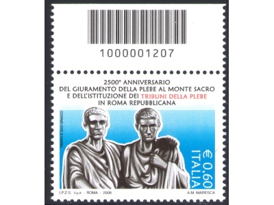 2008 Repubblica Italiana "Codici a Barre" Tribuno della Plebe 1 val codice a barre n° 1207 MNH**
