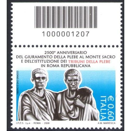 2008 Repubblica Italiana "Codici a Barre" Tribuno della Plebe 1 val codice a barre n° 1207 MNH**