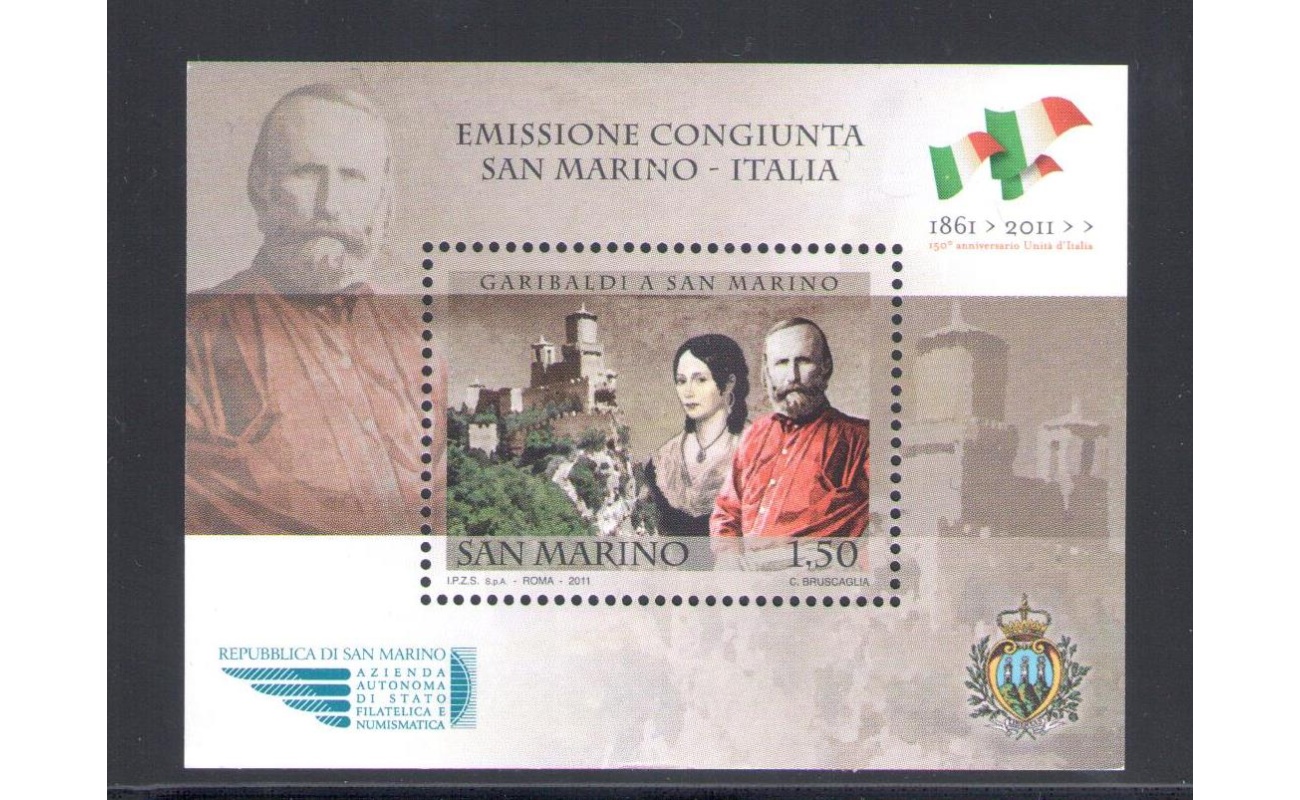 2011 San Marino - "150° Unità Italia - Garibaldi" Emissione Congiunta -  1 Foglietto  MNH**