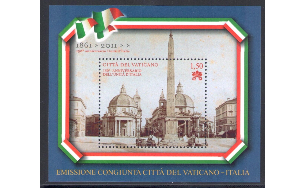 2011 Vaticano "150° Unità Italia - Piazza del Popolo" Emissione Congiunta - 1 Foglietto  MNH**