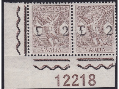 1924 Italia - Regno, Segnatasse per Vaglia n° 1 MNH/** RARA COPPIA CON NUMERO DI TAVOLA