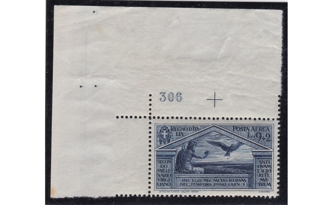 1930 Regno di Italia, Posta Aerea n. 24 MNH** 9 + 2 lire azzurro scuro Angolo di Foglio con Numero di Tavola