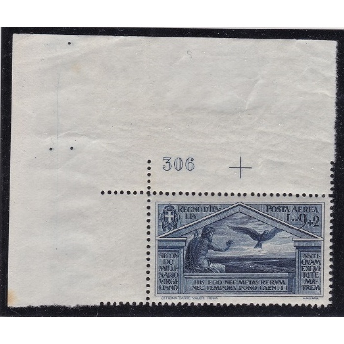 1930 Regno di Italia, Posta Aerea n. 24 MNH** 9 + 2 lire azzurro scuro Angolo di Foglio con Numero di Tavola