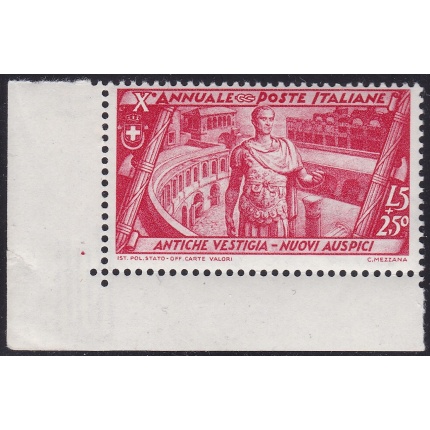 1932 Regno di Italia, Decennale Marcia su Roma ,n° 340 5 Lire + 2,50 carminio MNH/** ANGOLO DI FOGLIO con Numero di Cilindro