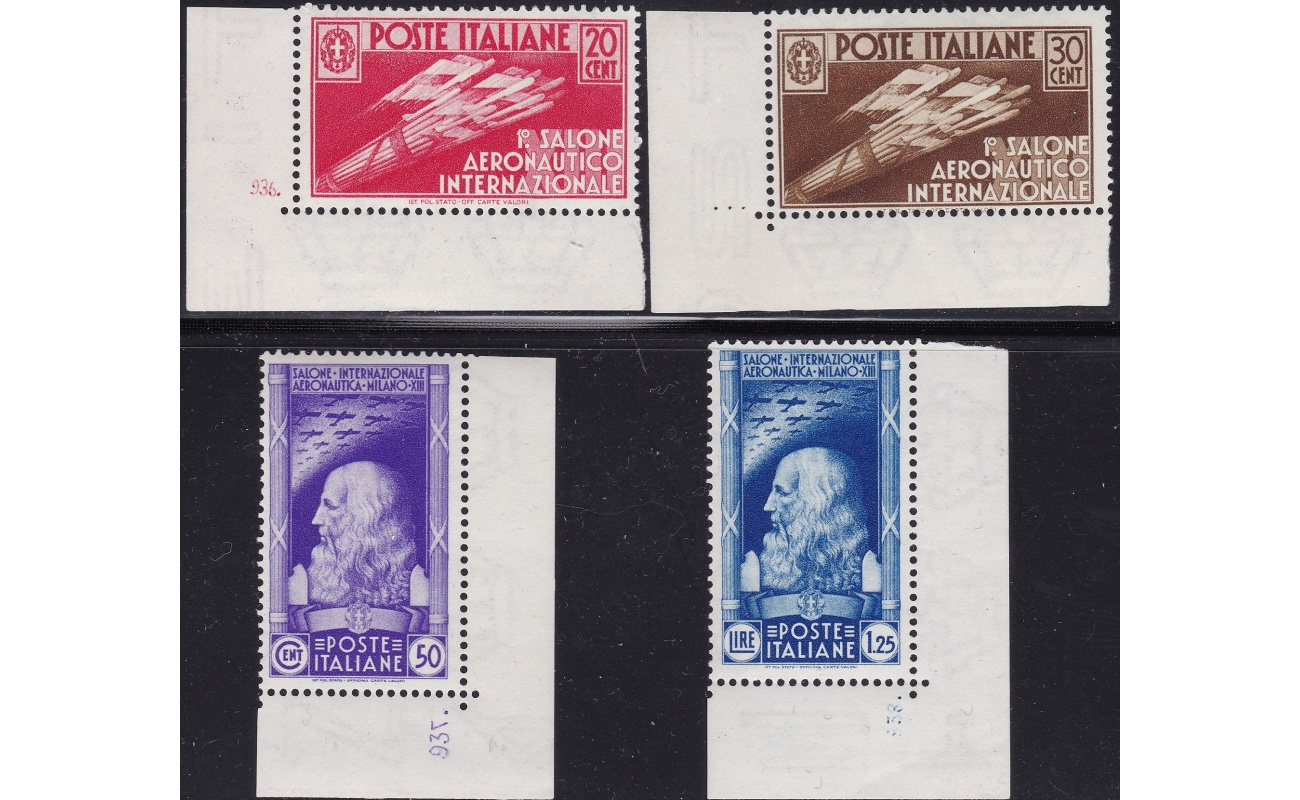 1935 Regno di Italia, Salone Aeronautico, n° 384/387 MNH** serie di 4 valori ANGOLO DI FOGLIO con Numero di Tavola/Cilindro