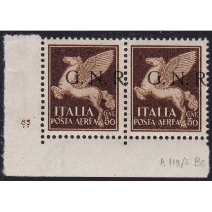 1944 RSI, Posta Aerea -   118/I Brescia 50 cent. bruno MNH/** COPPIA CON NUMERO DI TAVOLA