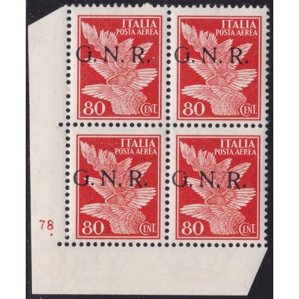 1944 RSI, Posta Aerea -    n° 118 50 cent. bruno MNH/** BLOCCO DI 4 CON NUMERO DI TAVOLA