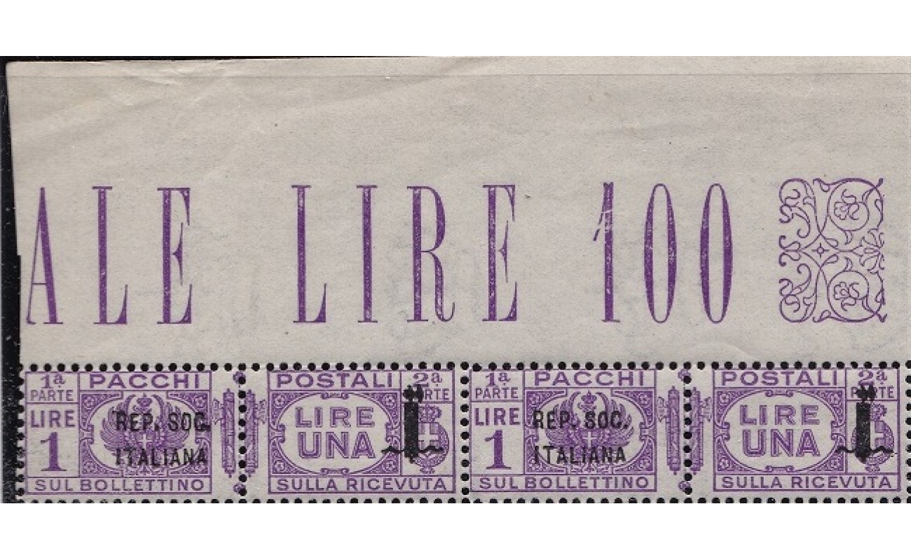 1944 Repubblica Sociale Italiana, Pacco Postale n° 42a+42   1 Lira violetto MNH/**  IN COPPIA
