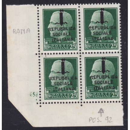 1944 RSI, n° 491 25 cent. verde Tiratura di Roma MNH/** BLOCCO DI 4 CON NUMERO DI TAVOLA E VARIETA'